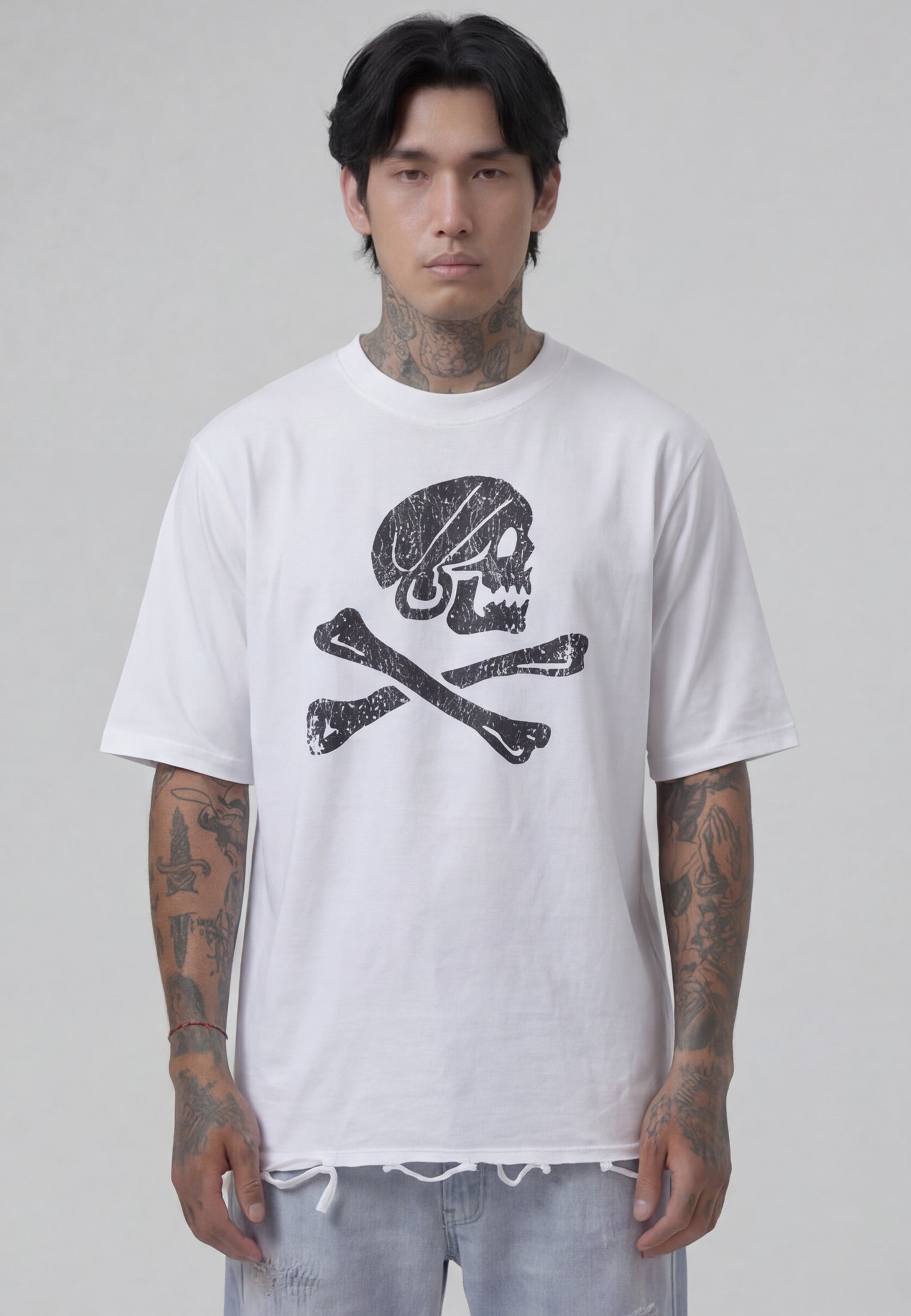 SKULL & CROSSBONES DISTRESSED T-SHIRT OFF WHITE