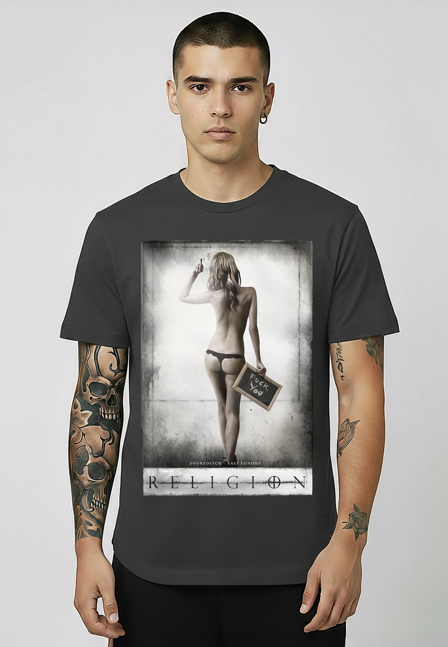 F-YOU T-SHIRT WASHED BLACK CURVED HEM