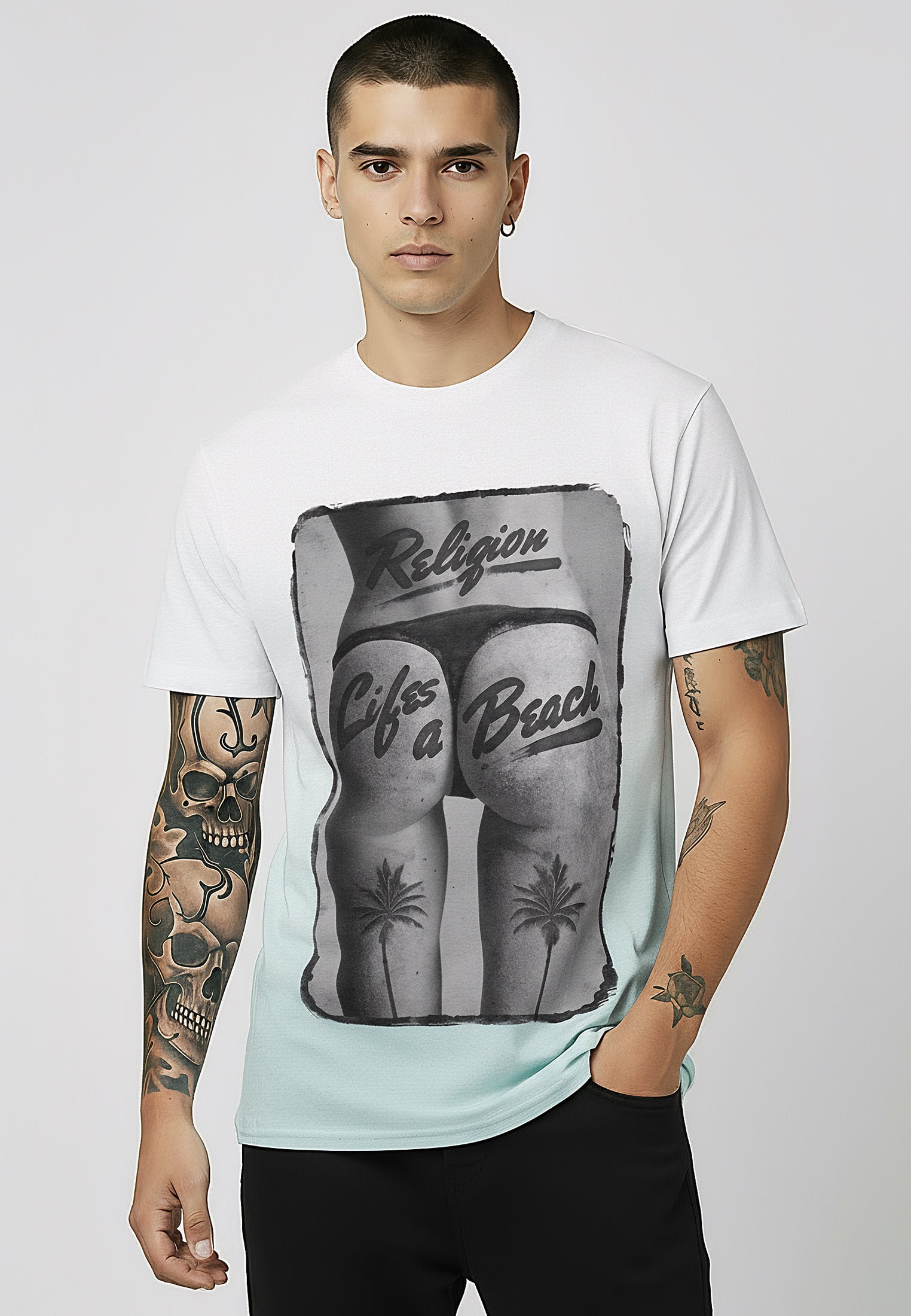 LIFES A BEACH WHITE & PALE BLUE T-SHIRT